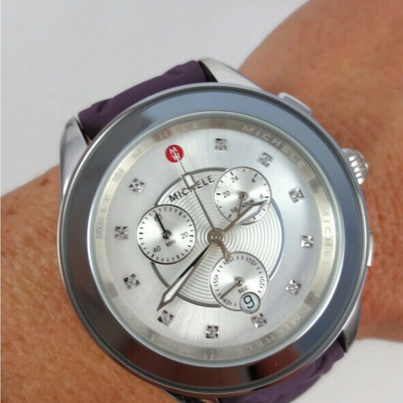 EUC Michele Violet Purple Silver Silicone Chronograph Watch